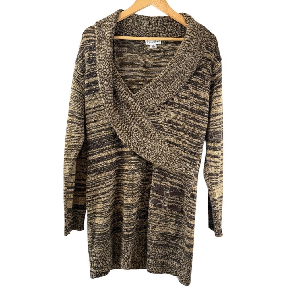 Caren Sport Womens 2X Brown‎ Tan Striped Knit Long Sleeve Cardigan Sweater Dress